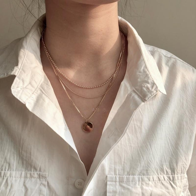 Multi 3 Layers Chain Metallic Metal Round Disc Pendant Necklace - FASHION SHEGOODS LLC