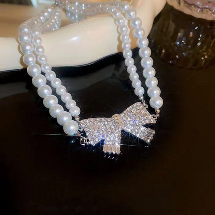 Full Stone Baroque Pearl Double-layer Bow Pendant Necklace - FASHION SHEGOODS LLC