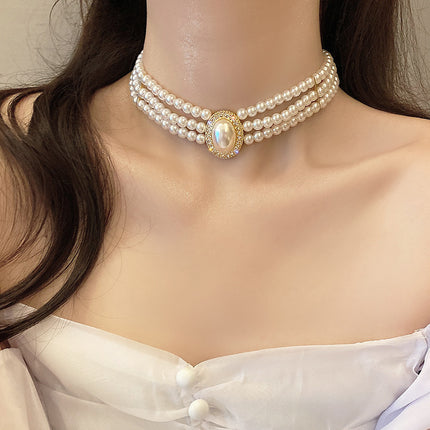 Handmade 3-Layer Retro Necklace for Women round Imitation Pearl Choker - FASHION SHEGOODS LLC