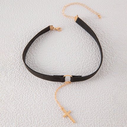 Punk Cross Tassel Pendant Black Short Choker Necklace