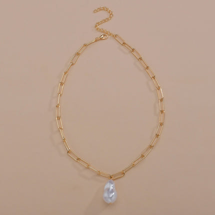 Paper Clip Chain Necklace Baroque Large Pearl Pendant - FASHION SHEGOODS LLC