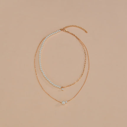 Chain Gold Bead Necklace Pearl Pendant Choker Multi Layer