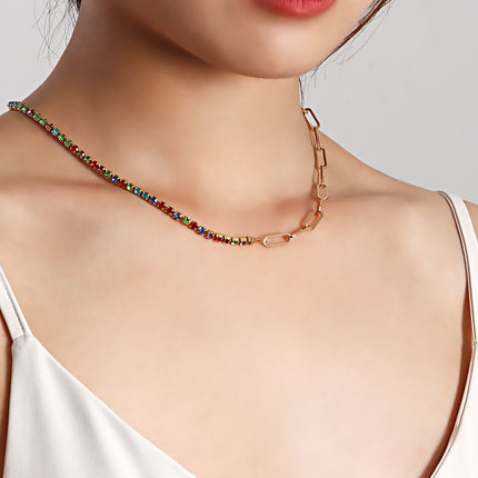 Paper Clip Chain with Colorful Zirconia Tennis Necklace - FASHION SHEGOODS LLC