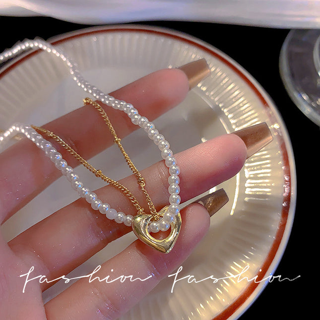 Pearl Heart Link Chain Double Layer Chains Necklace