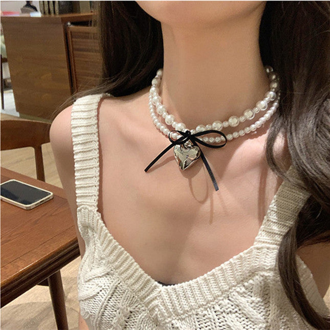 Goth Black Ribbon Bow Heart Pendant Necklace - FASHION SHEGOODS LLC