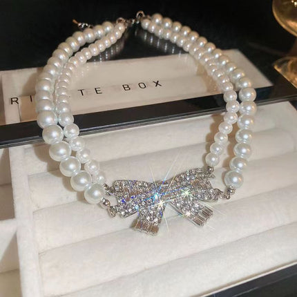Full Stone Baroque Pearl Double-layer Bow Pendant Necklace - FASHION SHEGOODS LLC