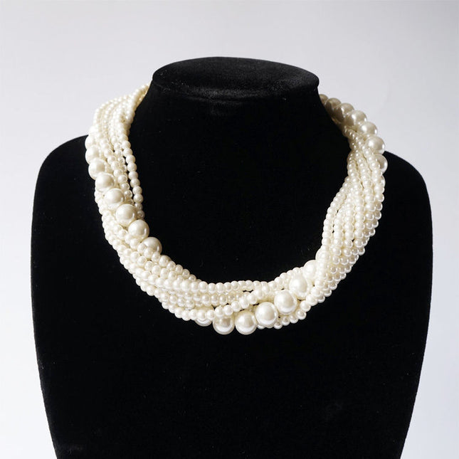 Vintage Choker Faux Pearl Multi Strand Twisted Necklace
