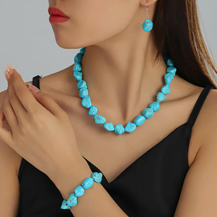 Vintage Turquoise Bracelet Irregular Beaded Necklace Elastic Bracelet Earrings Pendant Set