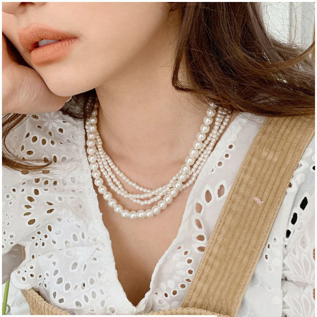 Multi-Layer Braided White Pearl Statement Necklace Chains Choker Collar