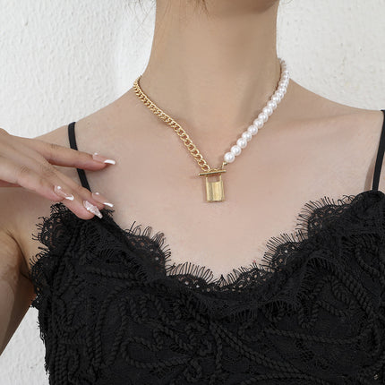 Pearl Chain Bead Link Lock Pendant Necklace - FASHION SHEGOODS LLC