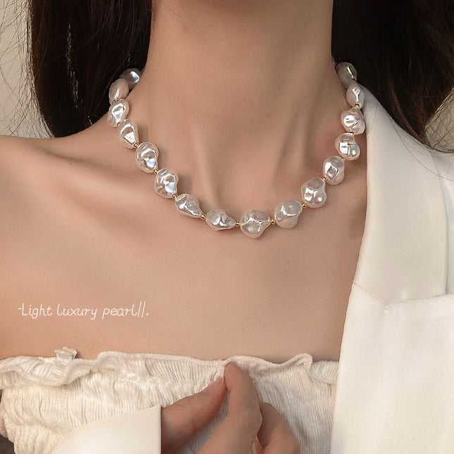 Irregular Baroque Pearl Beaded Necklace for Women Gold Pleated OT Clasp Choker - FASHION SHEGOODS LLC
