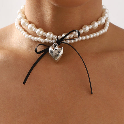 Goth Black Ribbon Bow Heart Pendant Necklace for Women - FASHION SHEGOODS LLC