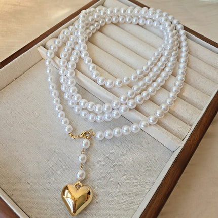Bohemia Multilayer Long Pearl Chain Necklace Love Heart Pendant