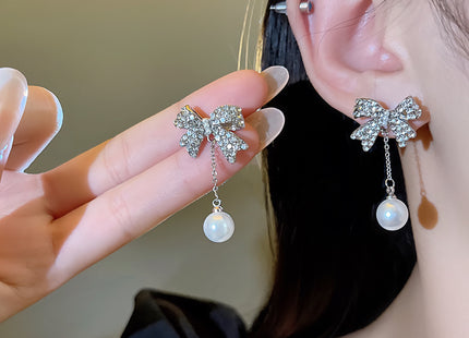 Crystal Rhinestone Bow Pearl Drop Stud Earrings