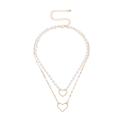 Love Heart Baroque Pearl Necklace Double Layer