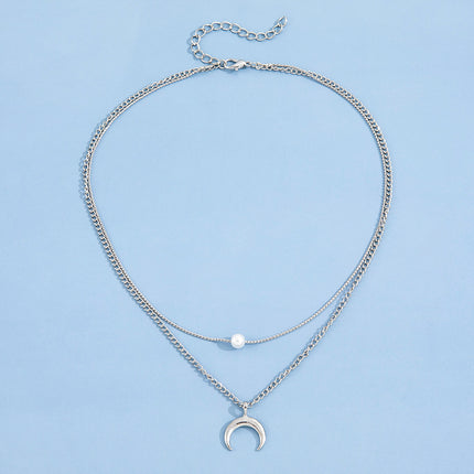 Double Layer Crescent Pearl Pendant Necklace