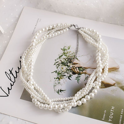 White Pearl Layered Necklace Multi Strand Beaded Pearl Necklace