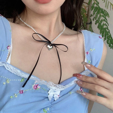 Heart Pendant White Imitation Pearl Bow Ribbon Choker Necklace - FASHION SHEGOODS LLC