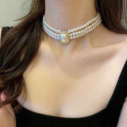 Handmade 3-Layer Retro Necklace for Women round Imitation Pearl Choker - FASHION SHEGOODS LLC