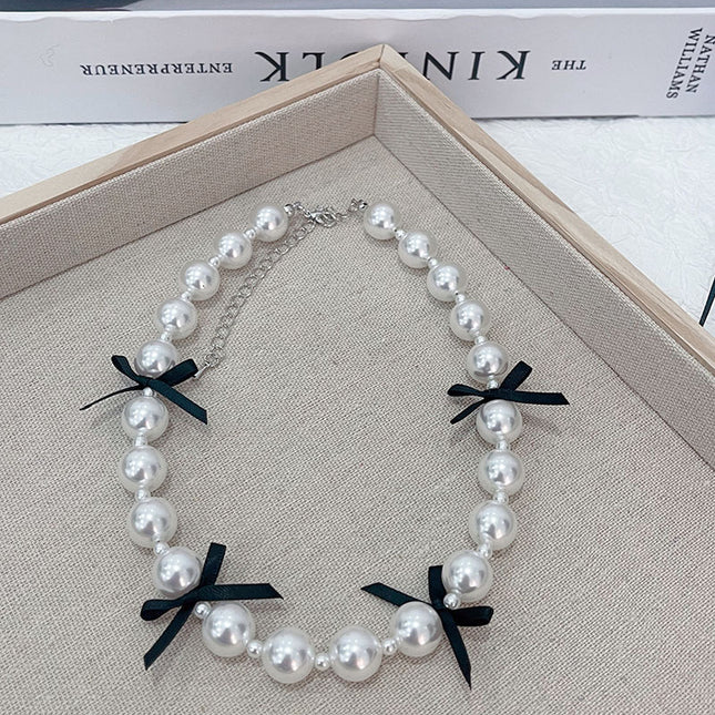 Ribbon Bow Necklace Women's Love Pearl Bead Layered Necklace
