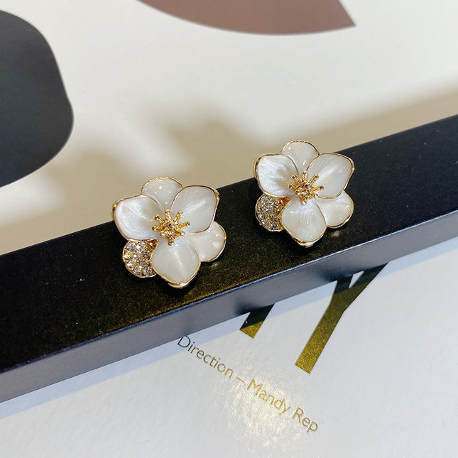 White Enamel Flower Stud Earring