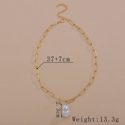 Paper Clip Chain Necklace Baroque Large Pearl Pendant - FASHION SHEGOODS LLC