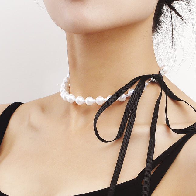 Vintage Long Bow Pearl Beaded Chain Choker DIY Lace