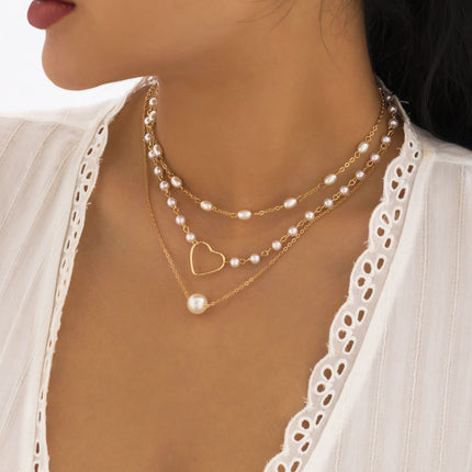 Geometric Beads Chain Twin Necklace Pearl Hollowed Out Love Necklace - FASHION SHEGOODS LLC
