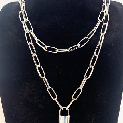 Punk Double Layer Lock Chain Necklace Padlock Pendant for Women