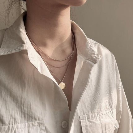 Multi 3 Layers Chain Metallic Metal Round Disc Pendant Necklace - FASHION SHEGOODS LLC