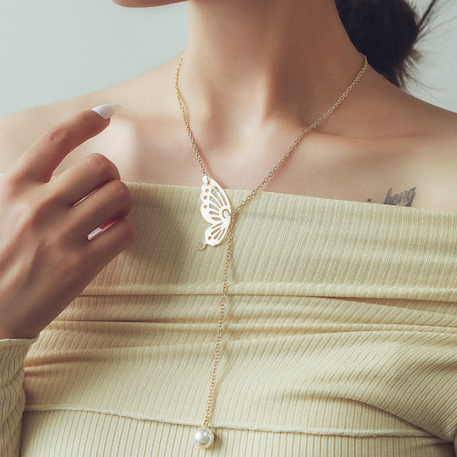 Hollow Butterfly Imitation Pearl Necklace - FASHION SHEGOODS LLC