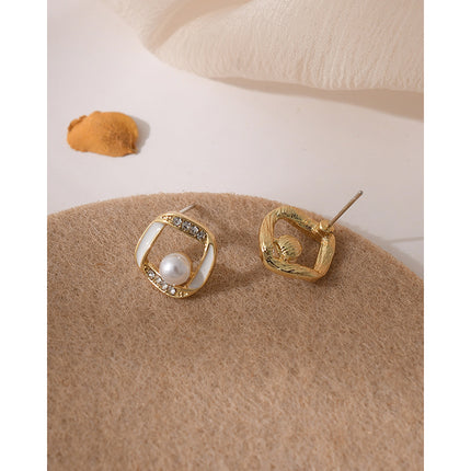 Geometry Hollow Rhinestone Pearl Stud Earrings - FASHION SHEGOODS LLC