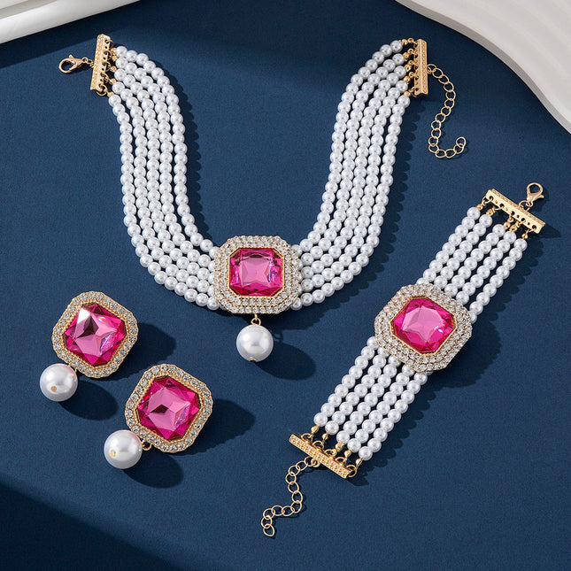 Luxury Exaggerated Bride Jewelry Women Imitation Pearl Necklace Earrings Set