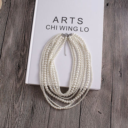 8 Layers Strand Simulated Pearl Strand Bib Necklace Choker Chain Necklace
