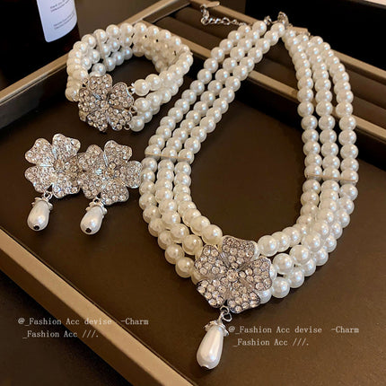 Multi-layered Pearl Flower Stone Necklace Earrings Bracelet Fashion Jewelry Set