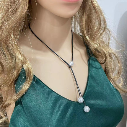 Black Wax Rope Faux Pearl Pendant Necklace