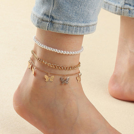 Layered Foot Chain Cuban Link Anklet Pearl Butterfly Ankle Bracelet