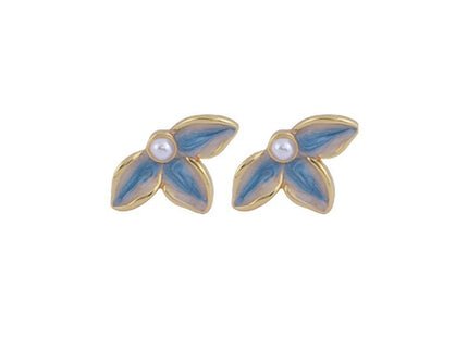 Elegant Blue Tone Enamel Daisy Faux Pearl Stud Earrings