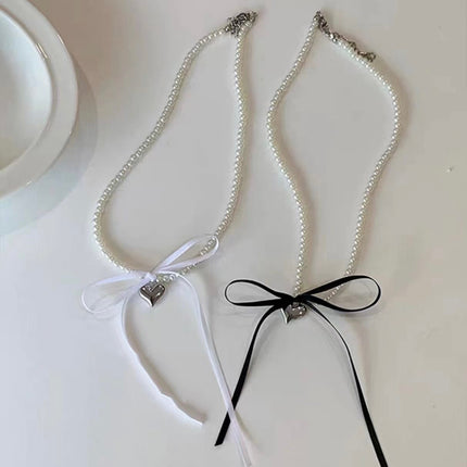 Heart Pendant White Imitation Pearl Bow Ribbon Choker Necklace - FASHION SHEGOODS LLC