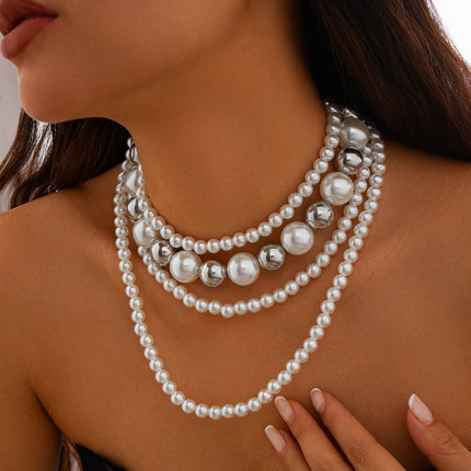 Exaggerated Big Pearl Chunky Heart CCB Round Ball Bead Chain Punk Choker Necklace