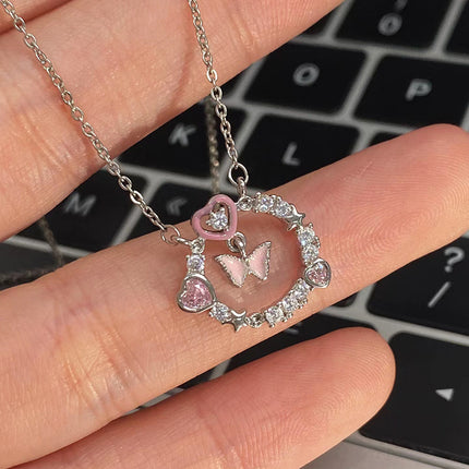 Hollowed Crystal Pink Butterfly Necklaces for Women