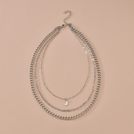 Multi-layered Chain Necklace Crescent Charm - FASHION SHEGOODS LLC