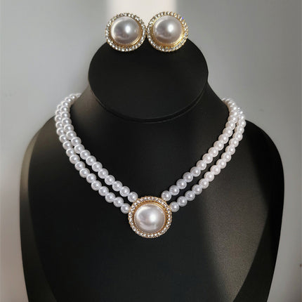 Vintage Bridal Pearl Stud Earrings Ring Pearl Beaded Rhinestone Choker Necklace Jewelry Set