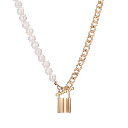 Pearl Chain Bead Link Lock Pendant Necklace - FASHION SHEGOODS LLC