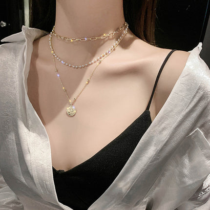 Portrait Round Pendant Bead Chain Necklace