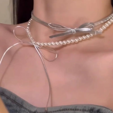 Double-layer Pearl Leather BowKnot Collar Necklace