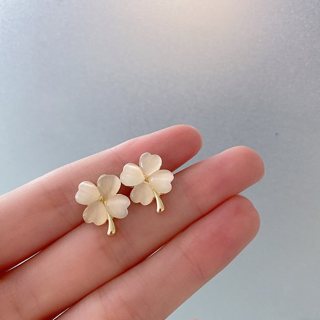 Elegant Opal Love Heart Four Leaf Clover Stud Earrings