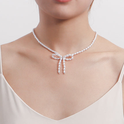 Pearl Chain Bow Knot Pendant Pearl Choker Necklace - FASHION SHEGOODS LLC