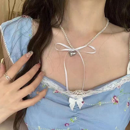 Heart Pendant White Imitation Pearl Bow Ribbon Choker Necklace - FASHION SHEGOODS LLC