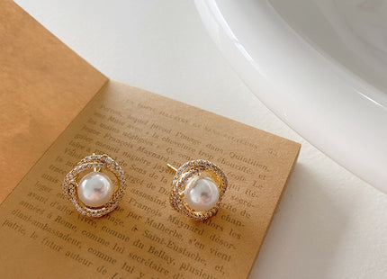 Round Crystal Rhinestone Pearl Stud Earrings